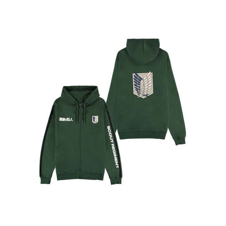 DIFUZED ATTACK ON TITAN - FELPA CON CAPPUCCIO E ZIP VERDE : SCOUT REGIMENT XXL