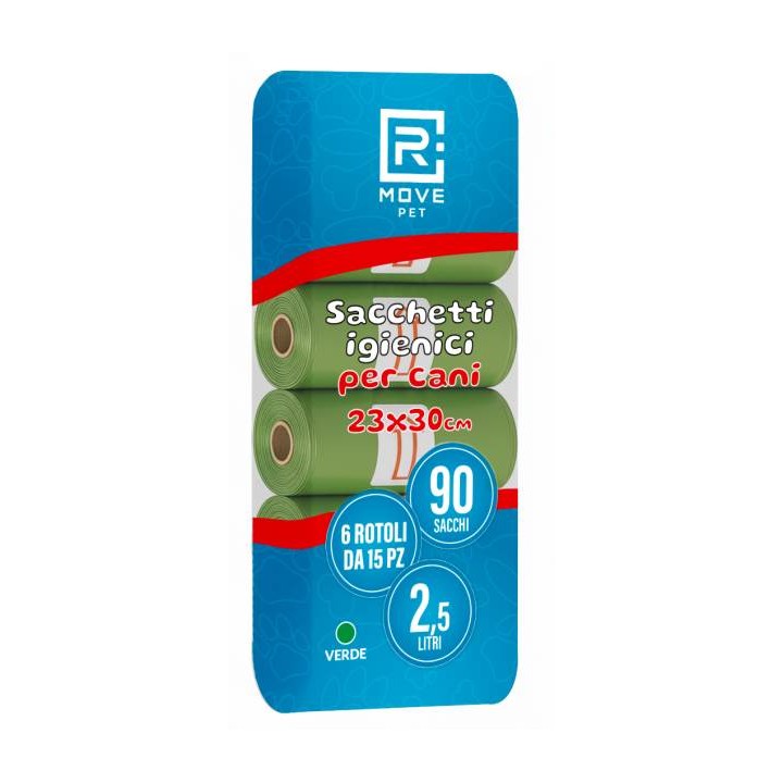 RMove Sacchi Rifiuti Animali 6 Rotoli da 15 Sacchi Verde
