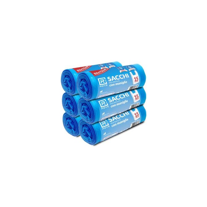 RMove Sacchi Rifiuti 50x75cm con maniglie 6 Rotoli da 15 Sacchi Blu
