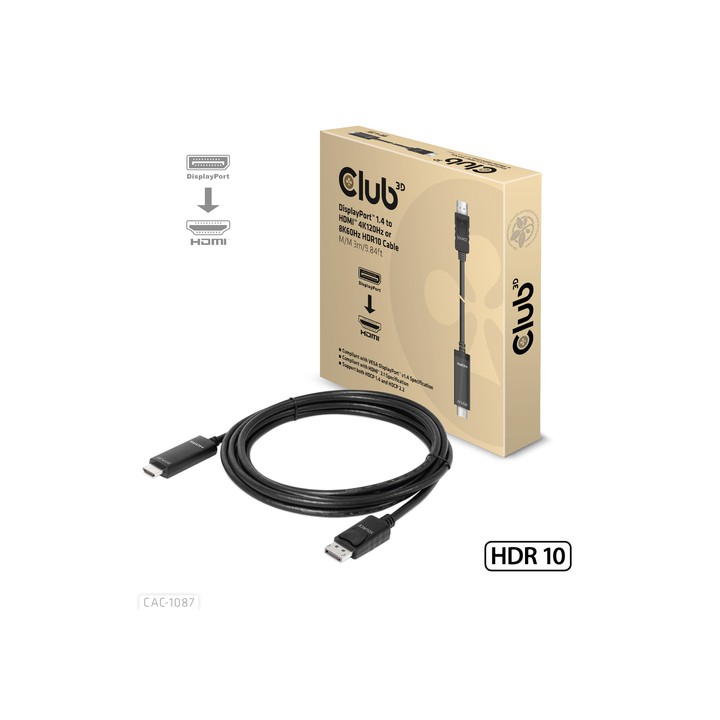 CLUB3D CAVO DISPLAYPORT 1.4 TO HDMI 4K144Hz or 8K60Hz HDR10 3M M/M