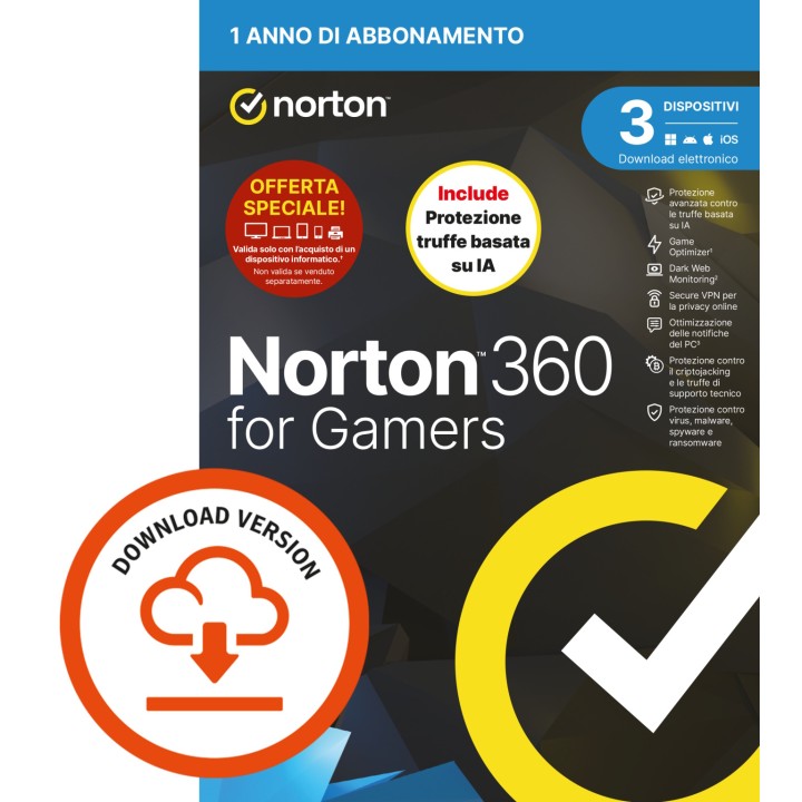 NORTON 360 FOR GAMERS 2026-ANTITRUFFA- ATTACH - 3 DISPOSITIVI 12 MESI.