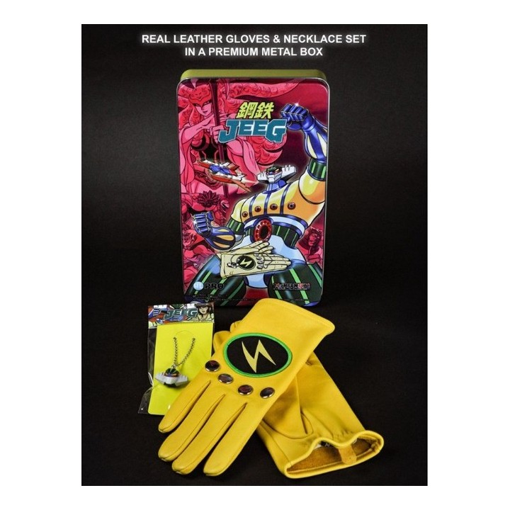 JEEG ROBOT : Metal box Set da collezione ( guanti in vera pelle taglia L, collana con ciondolo 3D , scatola in metallo )