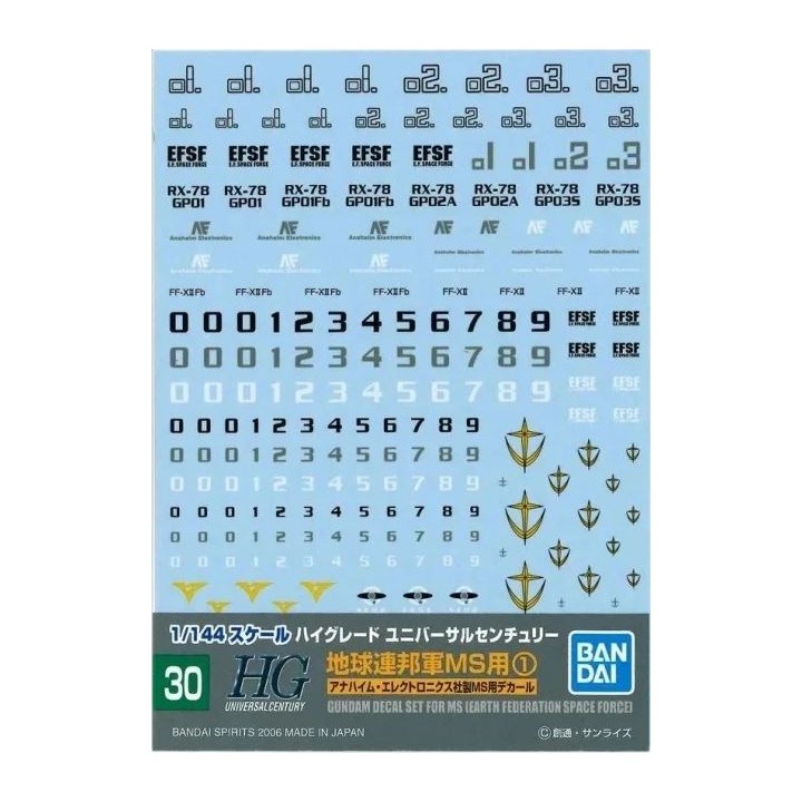 BANDAI GUNDAM DECAL 30 HGUC MULTIUSE - EARTH FEDERATION 1