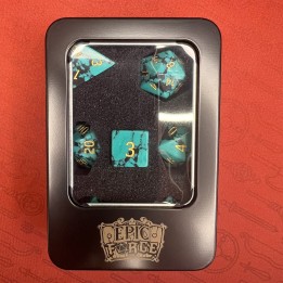 EPIC FORGE Semi Precious Stone Dice - Set of 7 dice with metal box - Synthetic - Black and Turquoise Blue