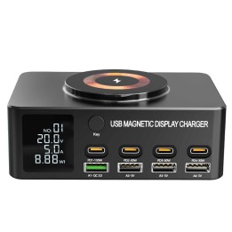WLX-818D+ 9 IN 1 RICARICA WIRELESS/CARICABATTERIE MULTIPORTA CON LCD (4 USB / 3 PD 30W / PD 100W) NERO
