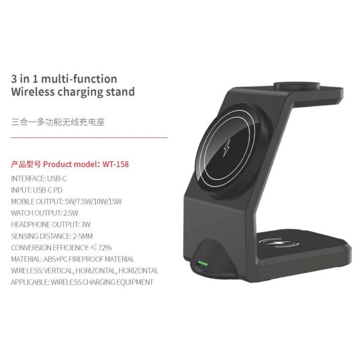 WT158 3 IN 1 SUPPORTO DI RICARICA WIRELESS MAGNETICO MULTIFUNZIONE PER TELEFONI CELLULARI / CUFFIE / OROLOGI INTELLIGENTI