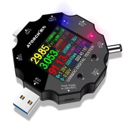 ATORCH UD18 RILEVATORE DI CARICA DEL TELEFONO CELLULARE TESTER PER USB 3.0 DC TYPE-C TESTER AMPEROMETRO DI TENSIONE CON DISPLAY