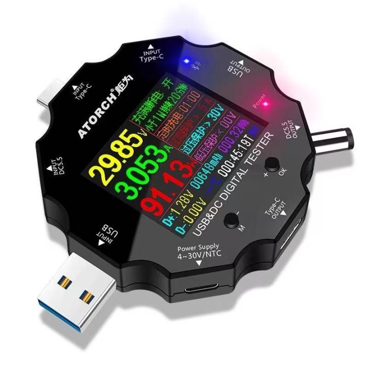 ATORCH UD18 RILEVATORE DI CARICA DEL TELEFONO CELLULARE TESTER PER USB 3.0 DC TYPE-C TESTER AMPEROMETRO DI TENSIONE CON DISPLAY