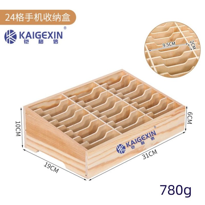 KAIGEXIN SCATOLA IN LEGNO 24 GRIGLIE DI IMMAGAZZINAGGIO 30cm*19cm*10cm PER TELEFONO DA TAVOLO CON SUPPORTO PER CELLULARE