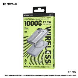 REMAX FP-109 MAGNETICO SENZA FILI 15W / QC 22.5W BANCA DI POTERE 10000MAH + SUPPORTO PIEGHEVOLE ARGENTO