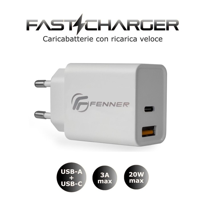 FENNER TECH 20W Alimentatore universale USB-C + USB-A FAST CHARGE