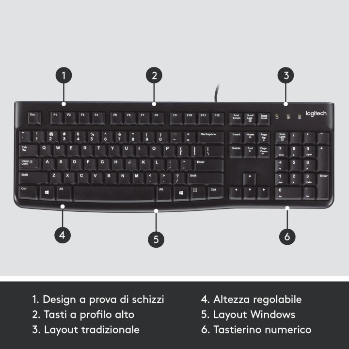 Logitech K120 Tastiera con Cavo per Windows, USB Plug-and-Play, Dimensioni Standard, Resistente agli Schizzi, Barra Spaziatrice