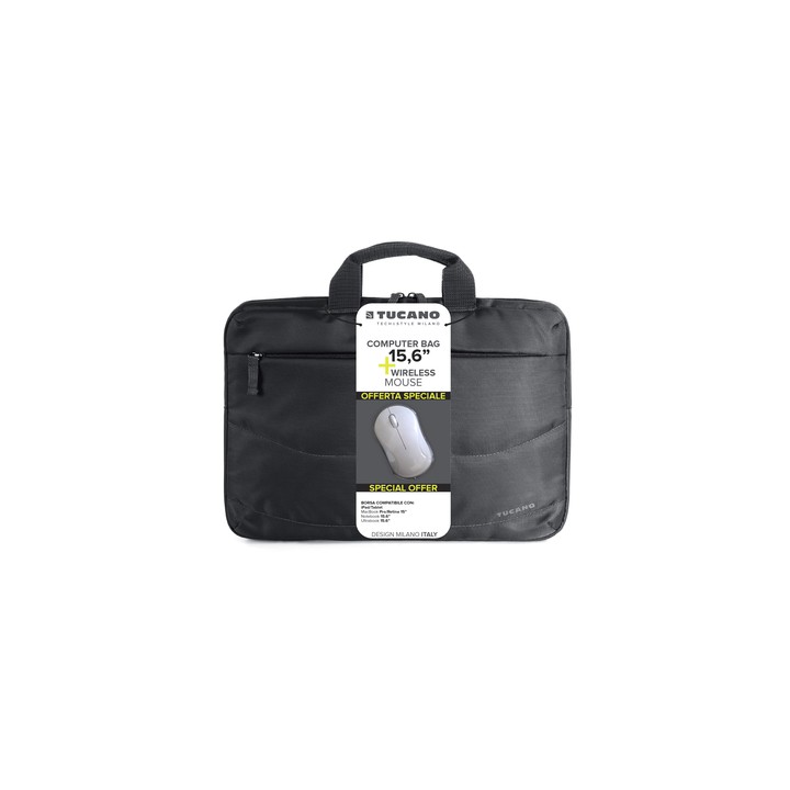 TUCANO BORSA + MOUSE WIRELESS (BORSA SLIM PER NOTEBOOK DA 15,6", TRACOLLA COLORE NERO + MOUSE WIRELESS COLORE BIANCO)