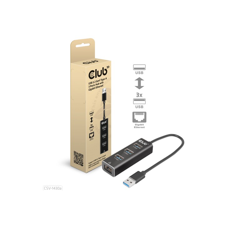 CLUB3D HUB USB 3.2 GEN1 TYPE A 3-Ports Gigabit Ethernet