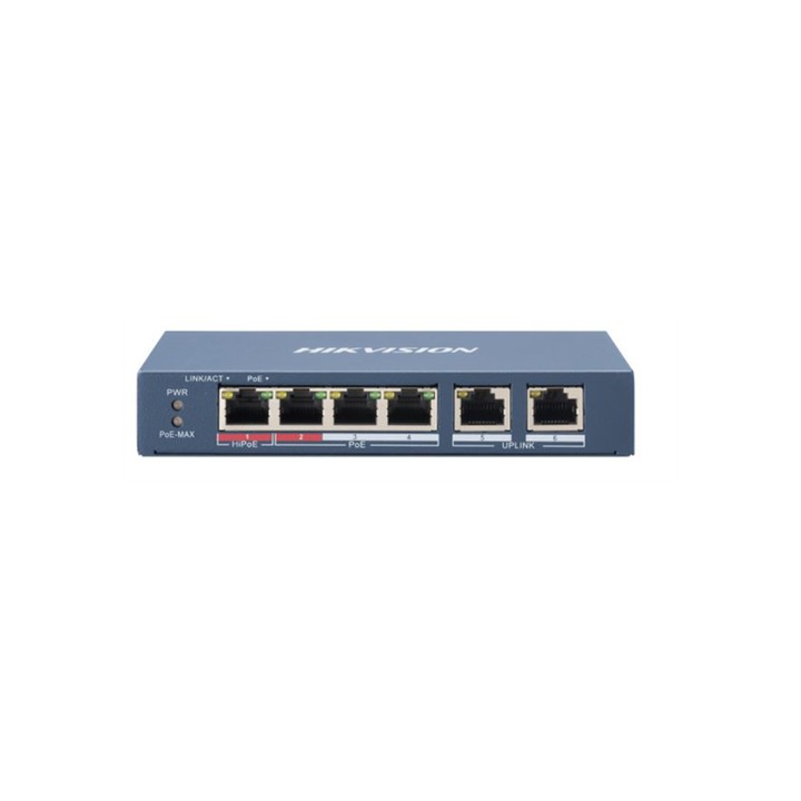 HIKVISION SWITCH 10/100 HI-POE METALLICO L2, UNMANAGED, 4 10/100M RJ45 POE PORTS, 2 10/100M RJ45 UPL