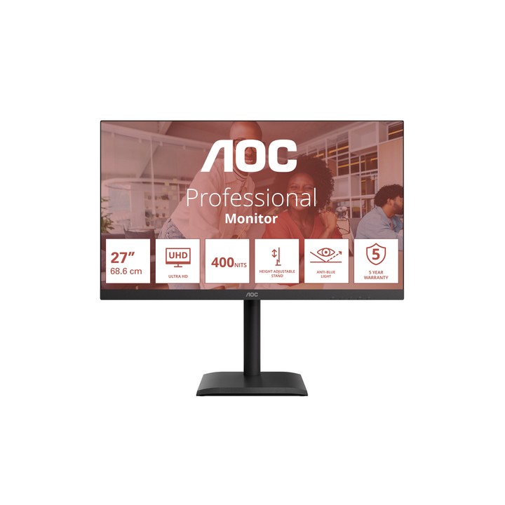 AOC MONITOR 27 LED IPS 4K UHD 16:9 4MS 75hz 400 CDM, PIVOT, DP/HDMI, USB-C, MULTIMEDIALE