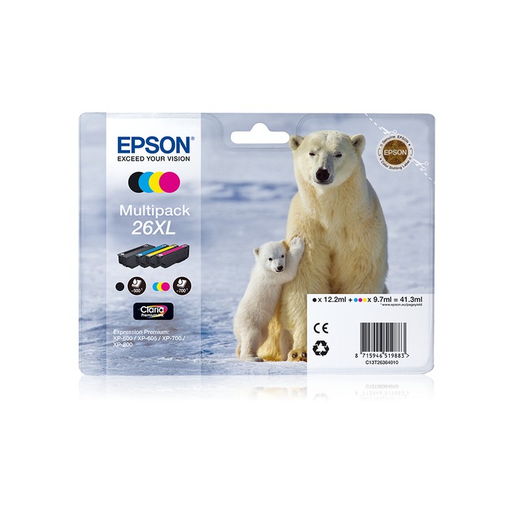 EPSON CART INK MULTIPACK PER XP-600/605/700/800 SERIE 26XL/ORSO POLARE (T262140 + T263240 + T263340 + T263440)