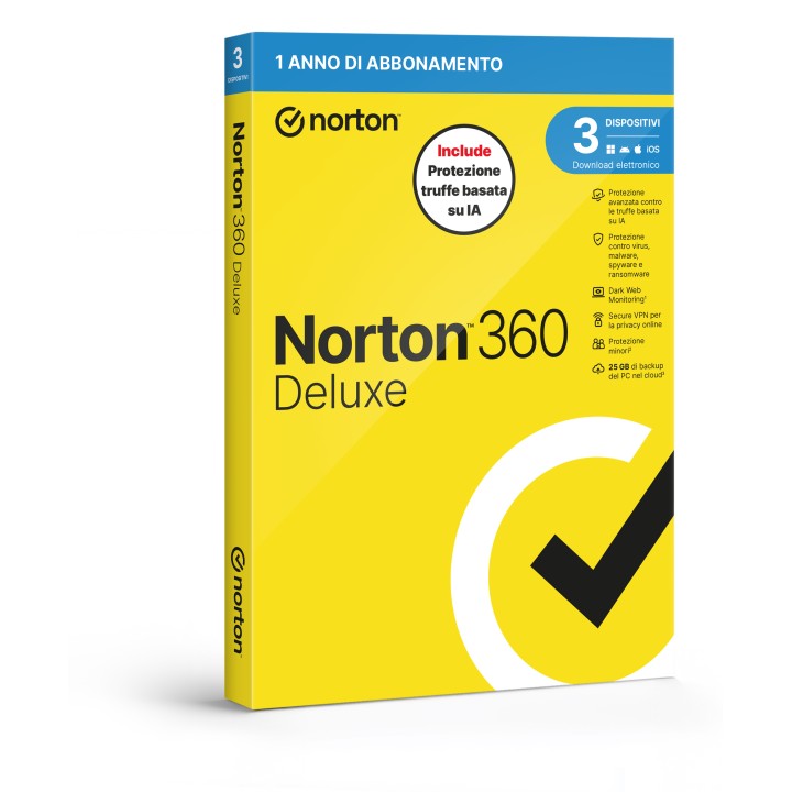 NORTON 360 DELUXE 2026 -ANTITRUFFA- 3 DISPOSITIVI 12 MESI 25GB - IT BOX