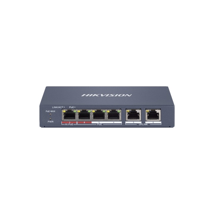 SWITCH HIKVISION SMART MANAGED HI-POE 10/100 L2, 4 10/100M RJ45 POE PORTS, 2 10/100M RJ45 PORT, 802.