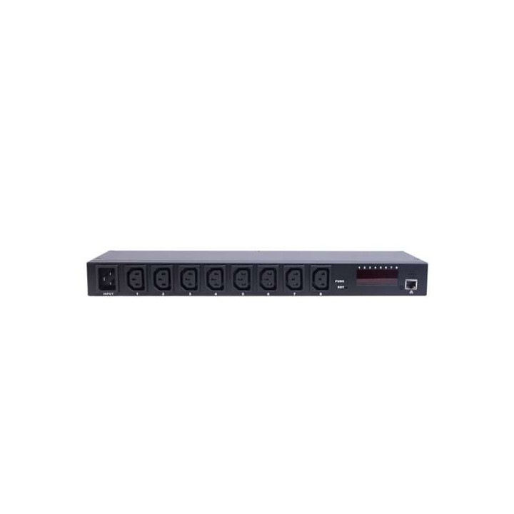 MULTIPRESA19 8 PORTE IEC C13 FEMMINA CONTROLLO TRAMITE IP CON DISPLAY PER VOLT E AMPERE E SENSORI AMBIENTALI TEMPERATURA E UMIDI