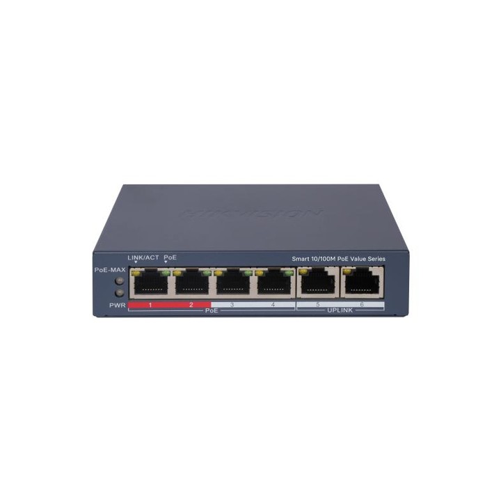 SWITCH HIKVISION SMART MANAGED POE 10/100 L2, 4 10/100M RJ45 POE PORTS, 2 10/100M RJ45 PORT, 802.3AF