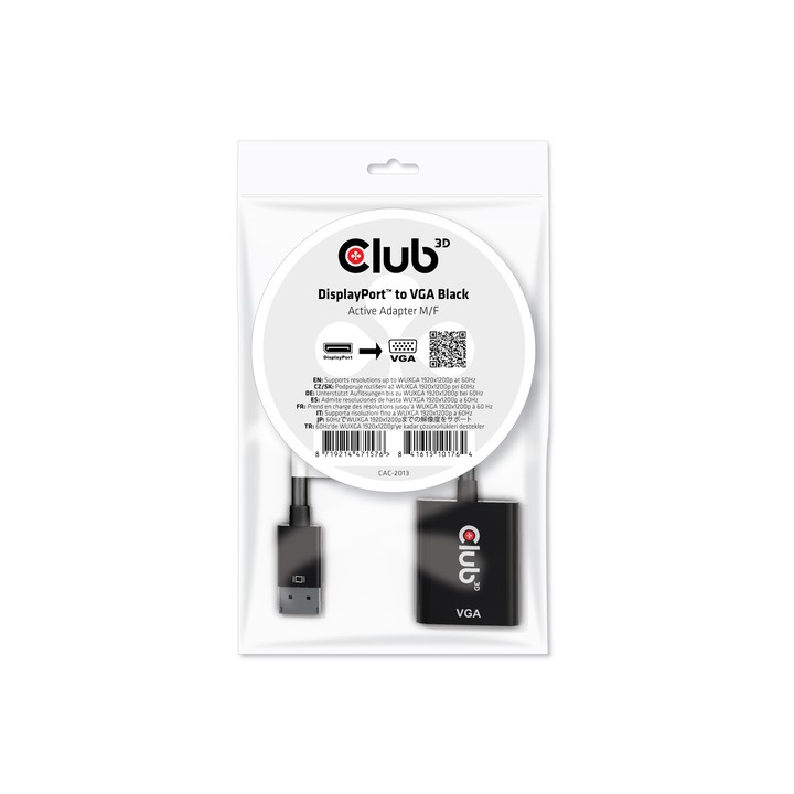 CLUB3D ADATTATORE DISPLAYPORT 1.1A MALE TO VGA FEMALE ACTIVE BLACK