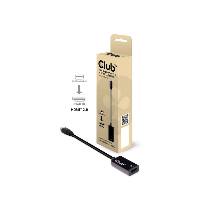 CLUB3D MINI DISPLAY PORT 1.4 MALE TO HDMI 2.0 FEMALE 4K 60HZ UHD/ 3D ACTIVE ADAPTER - HDR SUPPORT