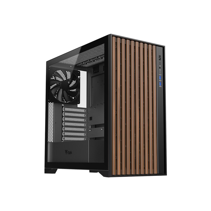 ITEK CASE WOODY, GAMING TOWER, ATX, 3X12CM BLACK FAN, 2XUSB3, TYPE-C, WOOD FRONT, TEMP GLASS SIDE P