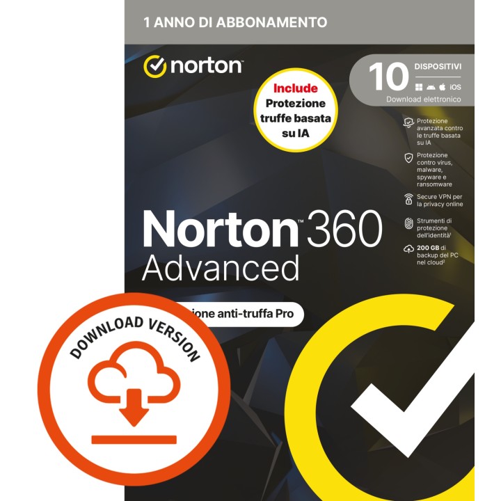 NORTON 360 ADVANCED 2026 - ANTITRUFFA- 10 DISPOSITIVI 12 MESI 200GB - IT ESD